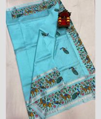 cyan colour mangalagiri pattu sarees with All over Printed design