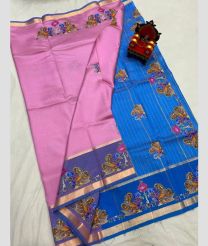 pink and blue colour mangalagiri pattu sarees with All over Printed design
