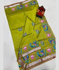 olive green colour mangalagiri pattu sarees with All over Printed design
