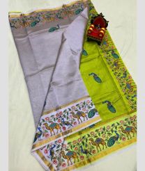 olive green and gray colour mangalagiri pattu sarees with All over Printed design