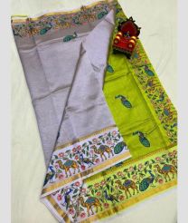 gray and olive green colour mangalagiri pattu sarees with All over Printed design