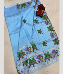 cyan blue colour mangalagiri pattu sarees with All over Printed design