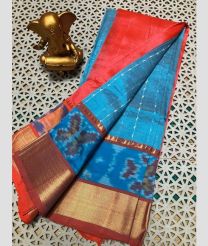 cyan blue and coral colour mangalagiri pattu sarees with Pochampally Border design