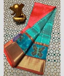 cyan and coral colour mangalagiri pattu sarees with Pochampally Border design