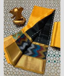 yellow and charcoal colour mangalagiri pattu sarees with Pochampally Border design