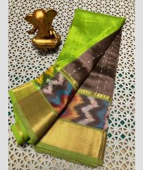 green and charcoal colour mangalagiri pattu sarees with Pochampally Border design