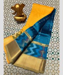 yellow and blue colour mangalagiri pattu sarees with Pochampally Border design