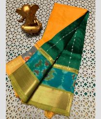 yellow and green colour mangalagiri pattu sarees with Pochampally Border design