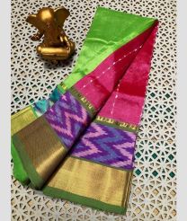 coral and green colour mangalagiri pattu sarees with Pochampally Border design