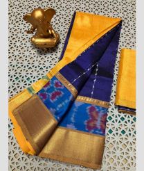 navy blue and yellow colour mangalagiri pattu sarees with Pochampally Border design