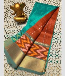 cyan blue and brown colour mangalagiri pattu sarees with Pochampally Border design