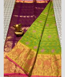 green and purple colour mangalagiri pattu sarees with Plain design