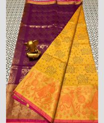 purple and yellow colour mangalagiri pattu sarees with Plain design