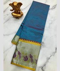 cyan blue colour mangalagiri pattu sarees with Kanchi Border design