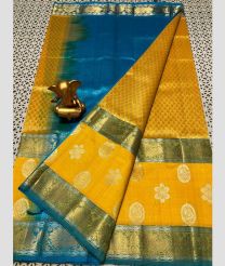 blue and yellow colour mangalagiri pattu sarees with Kanchi Border design