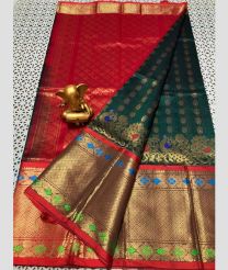 coral and dark green colour mangalagiri pattu sarees with Kanchi Border design