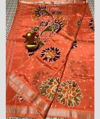 coral colour mangalagiri pattu sarees with All over Printed design
