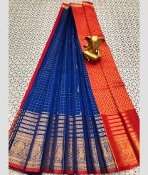 coral and blue colour mangalagiri pattu sarees with Kanchi Border design