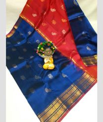 blue and coral colour mangalagiri pattu sarees with Kanchi Border design