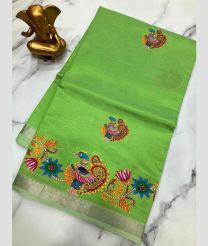 green colour mangalagiri pattu sarees with All over Printed design