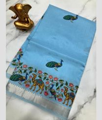cyan blue colour mangalagiri pattu sarees with All over Printed design