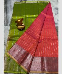 olive and coral colour mangalagiri pattu sarees with Kanchi Border design