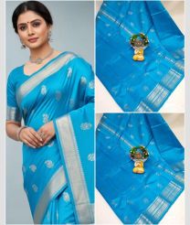 cyan blue colour mangalagiri pattu sarees with Kanchi Border design