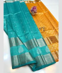 blue and yellow colour mangalagiri pattu sarees with All over Buttas design