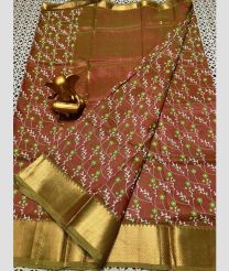 brown and olive green colour mangalagiri pattu sarees with All over Printed design