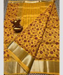 yellow colour mangalagiri pattu sarees with All over Printed design