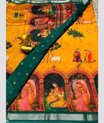 orange colour mangalagiri pattu sarees with All over Printed design