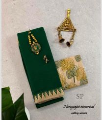 Dark Green and Cream narayanapet cotton sarees with Jari Border design