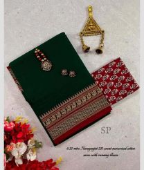 Dark Pine Green and Red narayanapet cotton sarees with Jari Border design