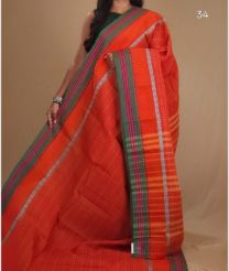 Orange and Green narayanapet cotton sarees with All over Checks design