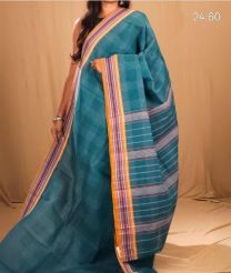 Teal and Lite Peach narayanapet cotton sarees with All over Checks design