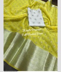 Lemon Yellow and White organza sarees with All over Embroidary design