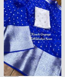 Royal Blue and White organza sarees with All over Embroidary design