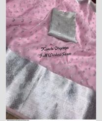 Baby Pink and Grey organza sarees with All over Embroidary design