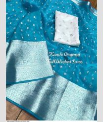 Sky Blue and white organza sarees with All over Embroidary design