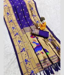 Purple Blue and Golden paithani sarees with All over Buttas design
