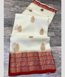 White with Red Border color Banarasi Silk handloom saree with kadiyal kora silk saree design