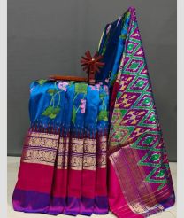 Blue and Pink pochampally ikkat pure silk sarees with All over Floral Printed design