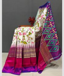 Cream and Pink pochampally ikkat pure silk sarees with All over Floral Printed design