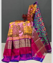 Yellow and Pink pochampally ikkat pure silk sarees with All over Floral Printed design