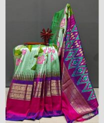 Aquamarine and Pink pochampally ikkat pure silk sarees with All over Floral Printed design