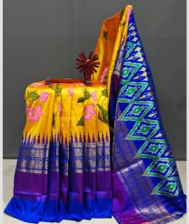 Yellow and Royal Blue pochampally ikkat pure silk sarees with All over Floral Printed design