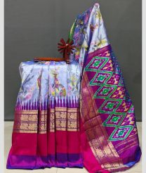 Grey and Magenta pochampally ikkat pure silk sarees with All over Floral Printed design