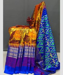 Golden Yellow and Royal Blue pochampally ikkat pure silk sarees with All over Floral Printed design