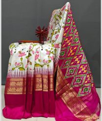 White and Pink pochampally ikkat pure silk sarees with All over Floral Printed design