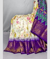 White and Purple pochampally ikkat pure silk sarees with All over Printed design
